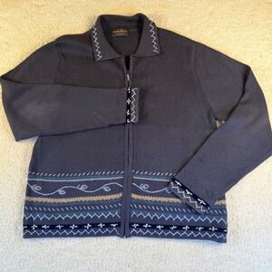 VTG Woolrich Denim Heather Sweater Womens LG Ramie Cotton Knit Zip Up Cardigan